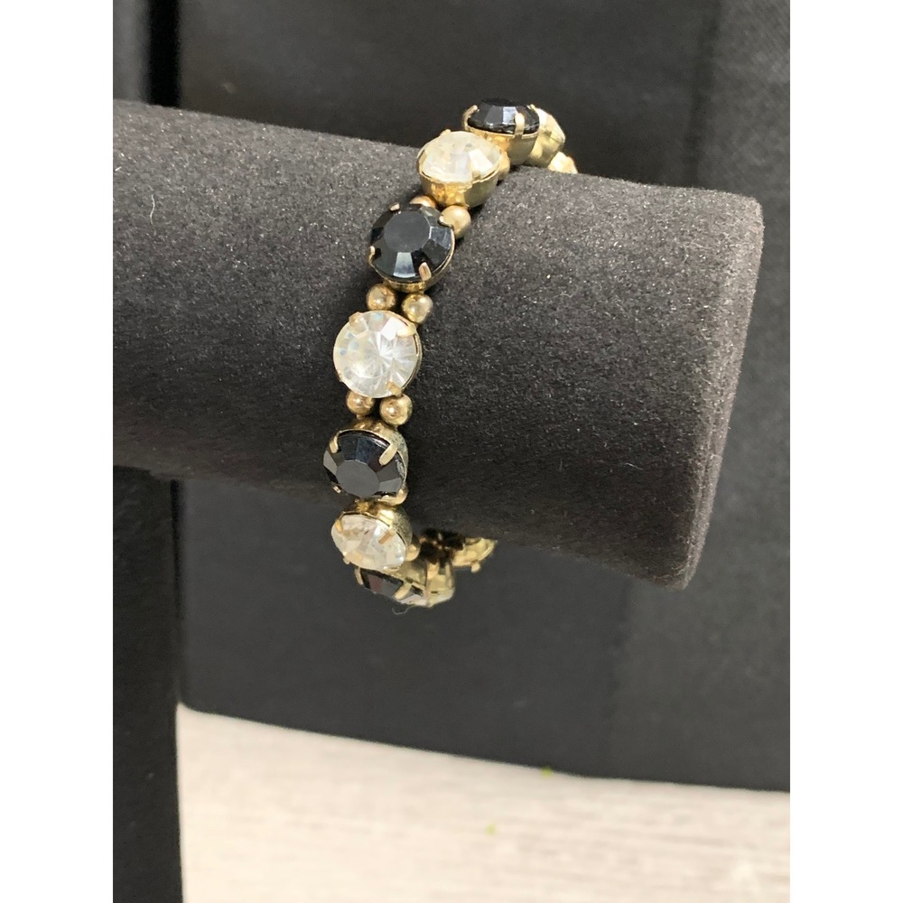 Vintage Gold Tone Black and Clear‎ Crystal Stretch Bracelet Deco Style 6 Inch